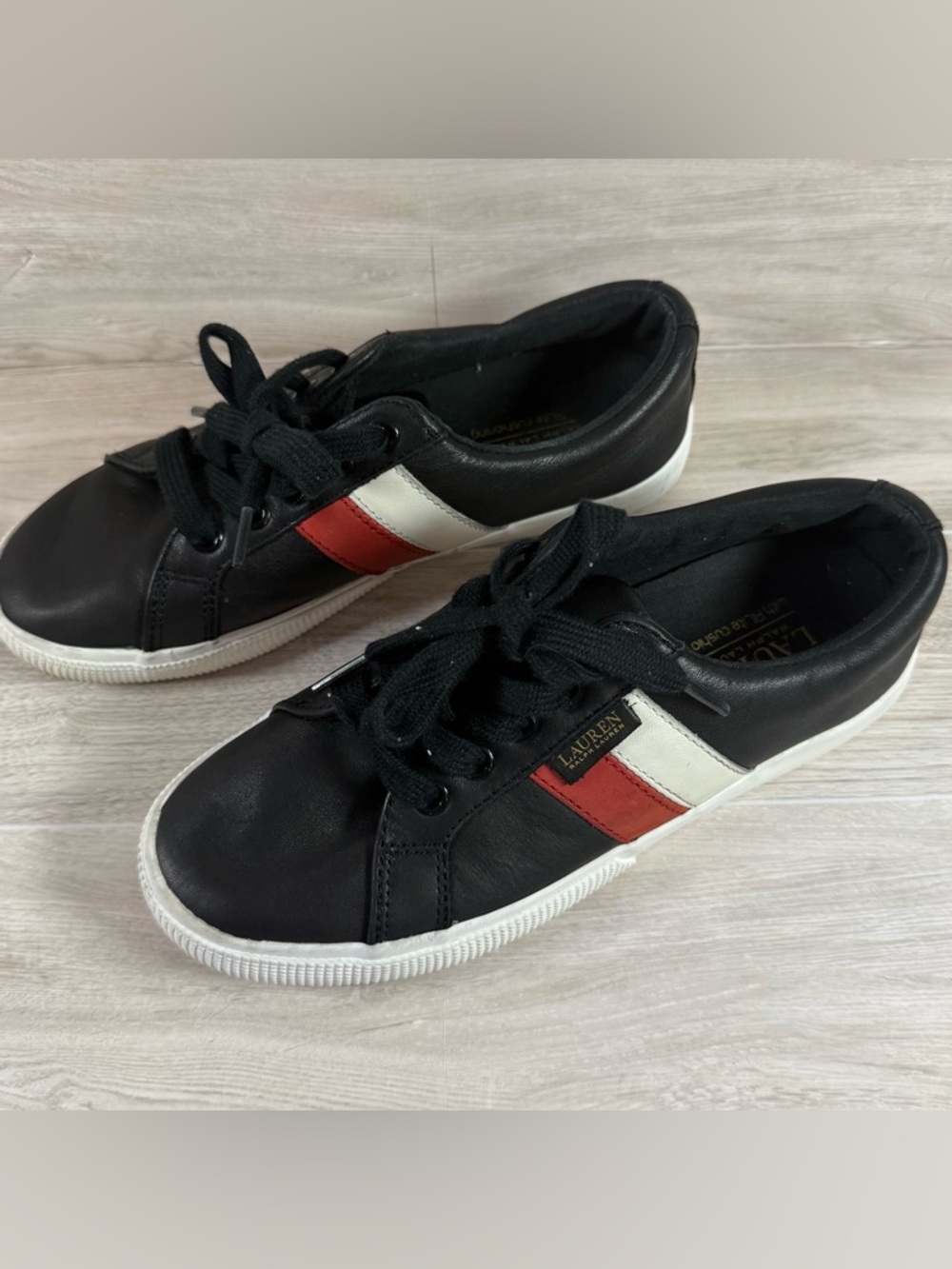 Lauren Ralph Lauren Janson Black Leather Lace Up Sneakers Size 5.5